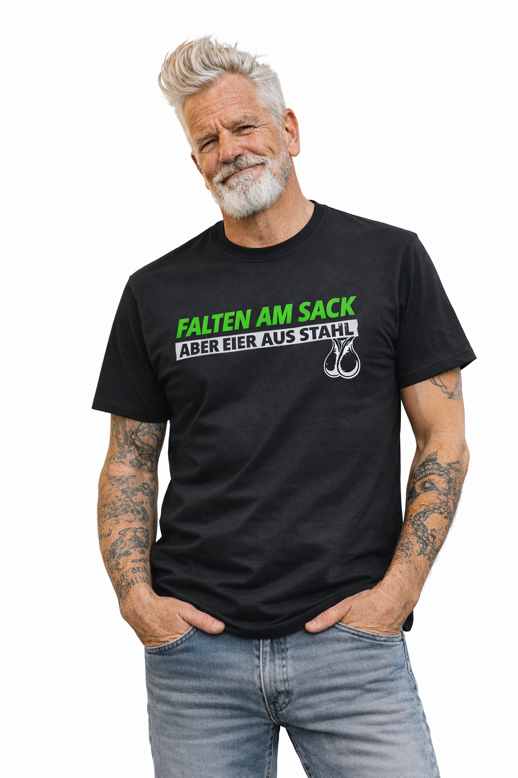 T-Shirt - Falten am Sack. Aber Eier aus Stahl.
